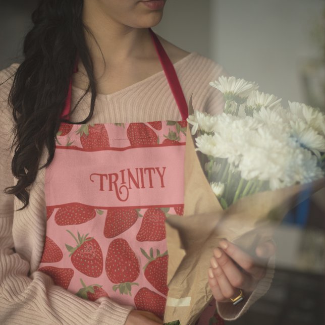 Ripe Red Strawberries on Pink Personalized Apron (Creator Uploaded)