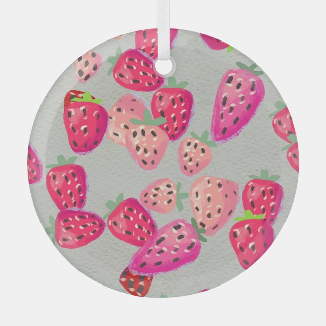 Ripe Strawberry Hand Drawn Texture Glass Ornament (Front)