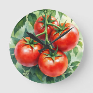 Ripe Tomato Vine Watercolor Fresh Round Clock