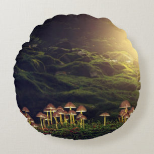 Ripe Wild Mushrooms in the Forest Round Pillow