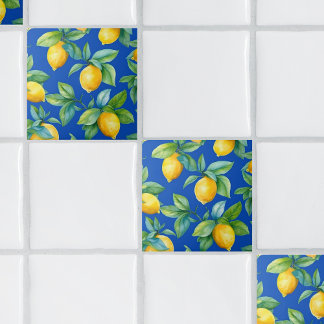 Ripe Yellow Lemons and Leaves on Royal Tile