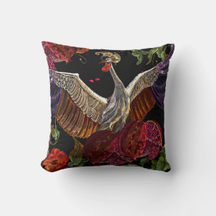 Ripened pomegranate fruits, crane birds and wild r throw pillow