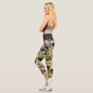 Ripped camouflage green, and a USA flag. Capri Leggings