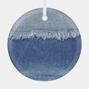 Ripped Denim Jeans Fabric Background Glass Ornament