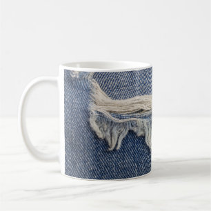 Ripped jeans texture, stylish background. coffee mug