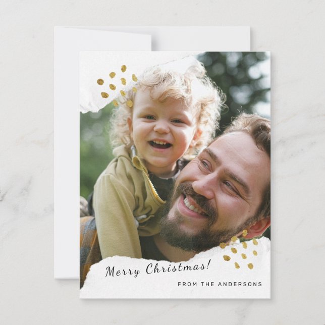 Ripped Paper Gold Dots Photo Minimalist Christmas Holiday Card (Front)