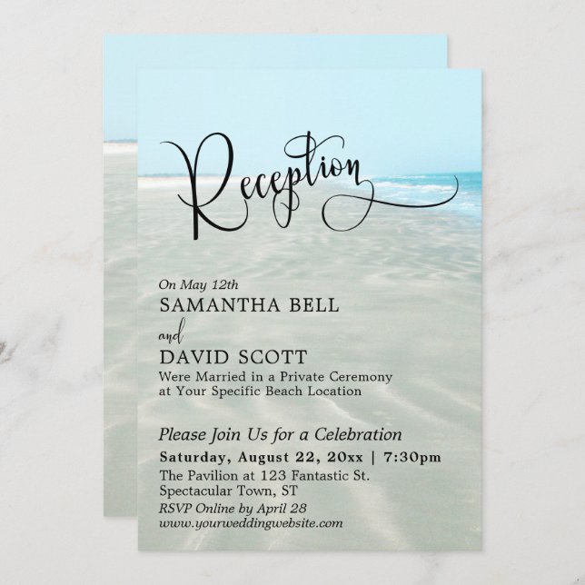 Rippled Sand Aqua Water Beach Wedding Reception Invitation (Front/Back)