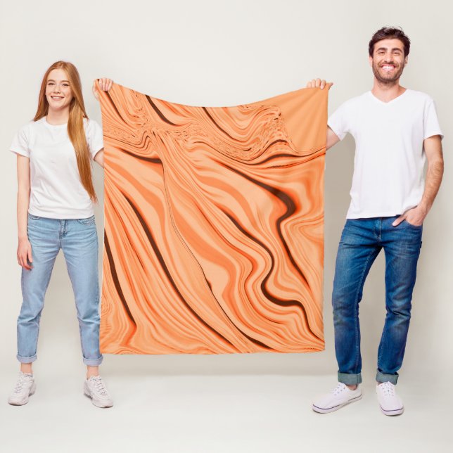 Ripples in shades of orange, curved brown cylinder fleece blanket (In Situ)