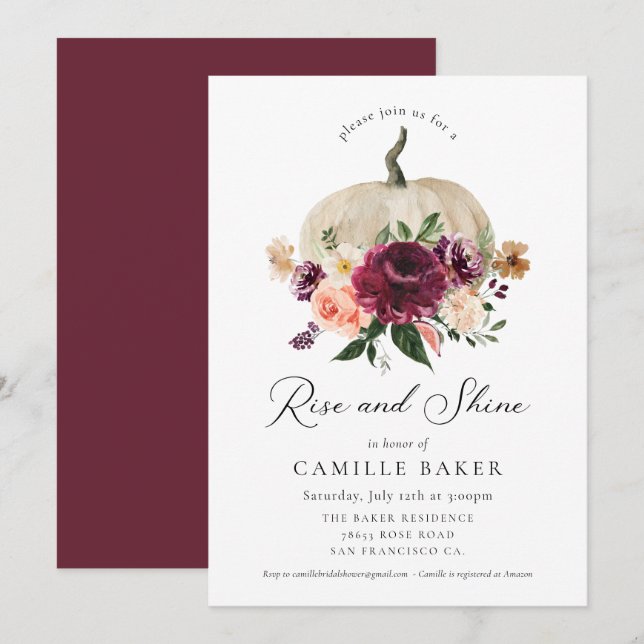 Rise and Shine Fall Pumpkin Burgundy Floral Invitation (Front/Back)