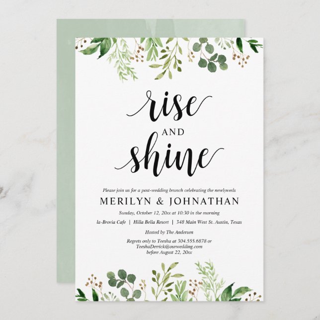 Rise and Shine, Greenery Post Wedding Brunch Invitation (Front/Back)