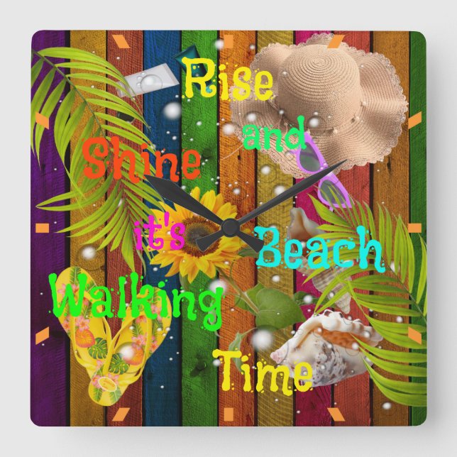 Rise and Shine Tropical Beach Summer Sun Fun Time Square Wall Clock (Front)