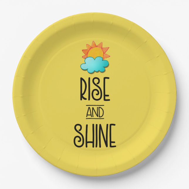 Rise and Shine Typography With Sun and Cloud Paper Plate (Front)