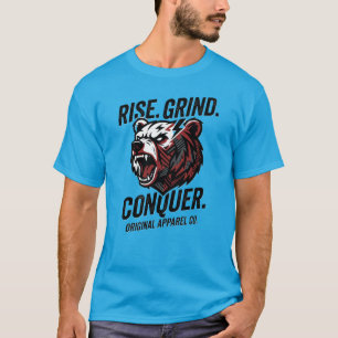 Rise Grind Conquer Bear Motivation Front Back Gym T-Shirt