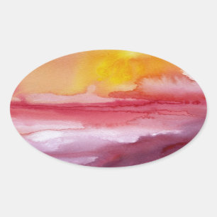 Rise - Red Abstract Ombre Watercolor Sunsrise Oval Sticker