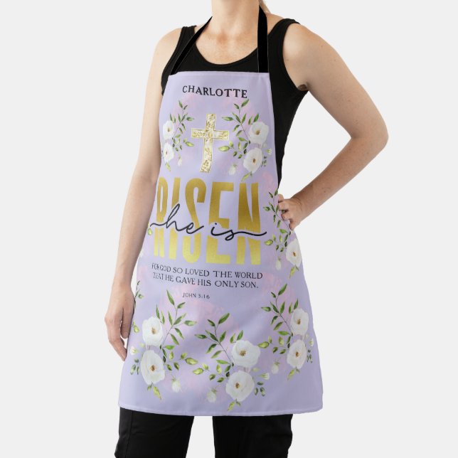 Risen Religious Christian Quote Lavender Easter Apron (Insitu)