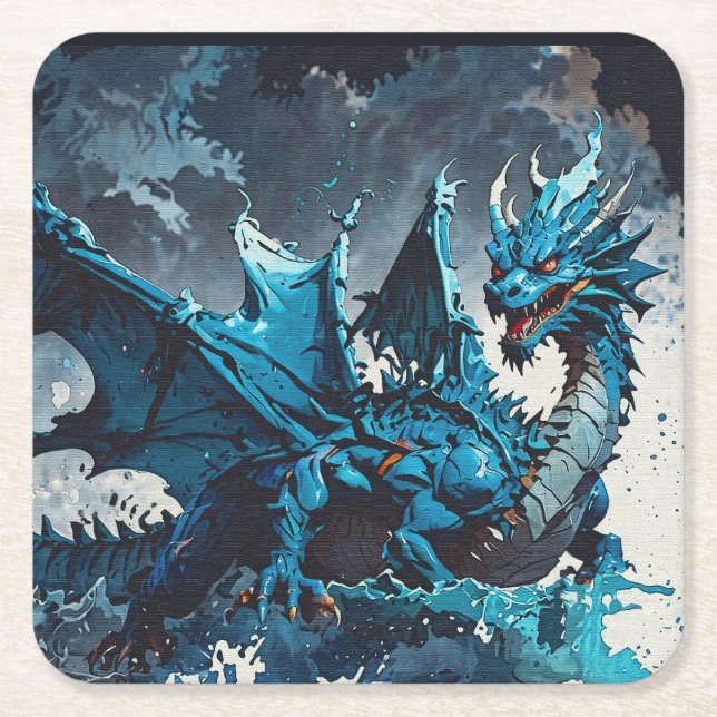 Rising from the Oceans-Dragon Artwork Square Paper Coaster (Front)