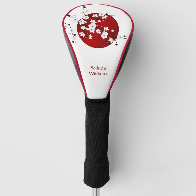 Rising Sun Cherry Blossom Red Black White Monogram Golf Head Cover (Front)
