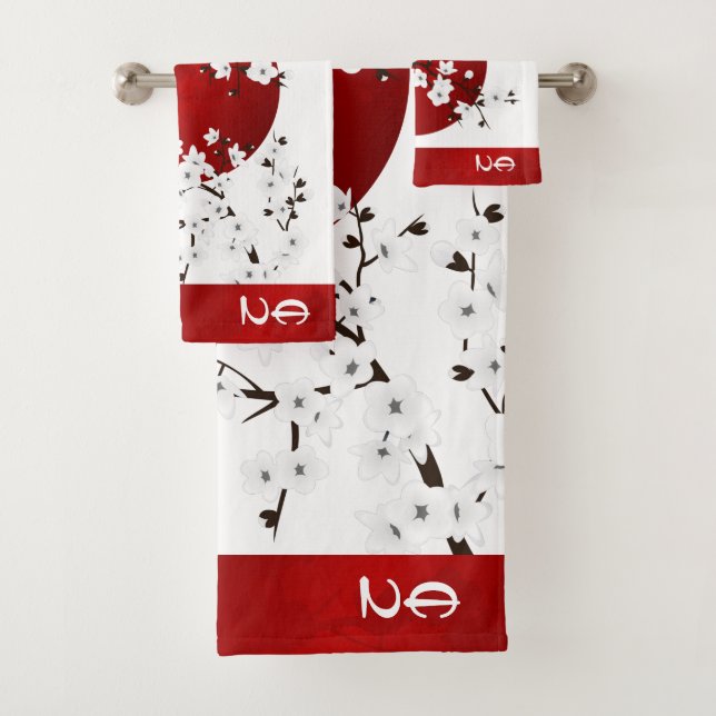 Rising Sun Cherry Blossom | Red White Monogram Bath Towel Set (Insitu)