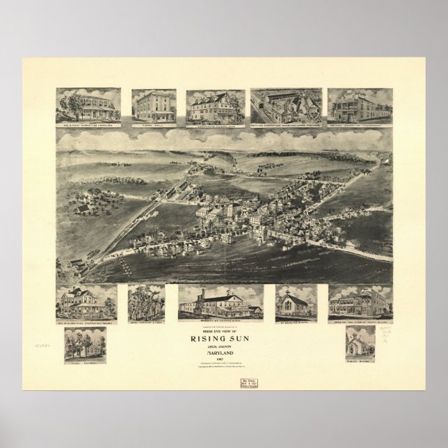 Rising Sun Maryland 1907 Antique Panoramic Map Poster (Front)