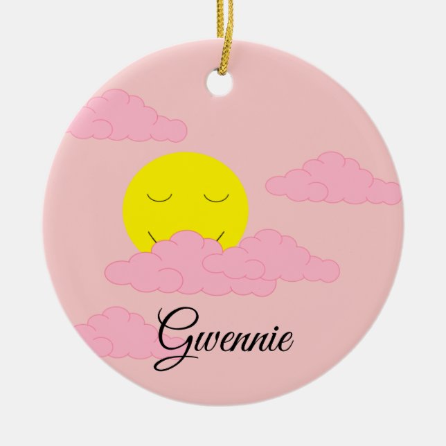 Rising Sun with Puffy Clouds:  Hazy, Pink Ceramic Ornament (Front)