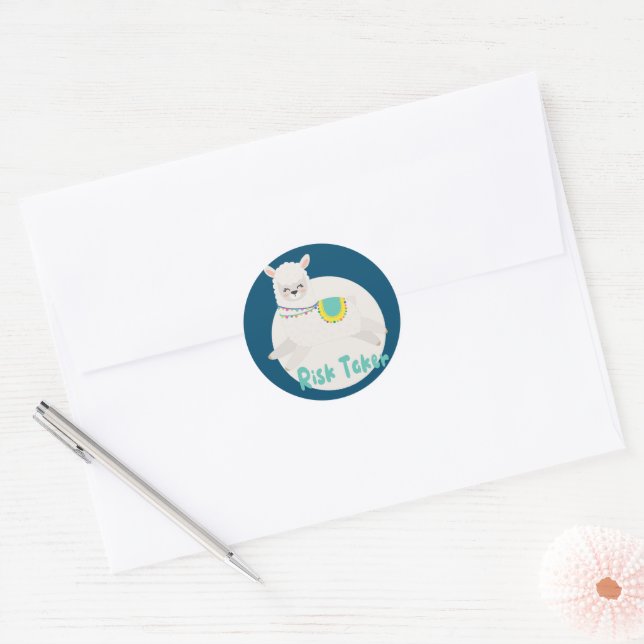 Risk taker Kawaii funny happy white llama jumping Classic Round Sticker (Envelope)