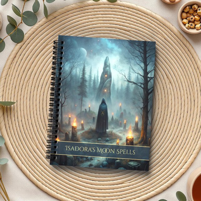 Rituels de forêt mystique - Journal de sorcière pe (Mystic Forest Rituals - Custom Witch Journal on a boho table with botanicals and a cup of tea)