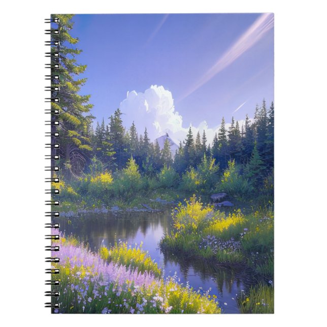River Amidst the Verdant Pine Forest Notebook (Front)