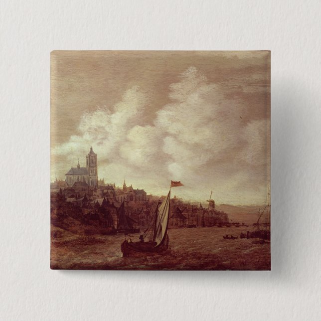 River and City Scene 2 Inch Square Button (Front)