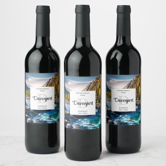 River and Mountains Photo Monogram Wine Making Wine Label (Bottles)