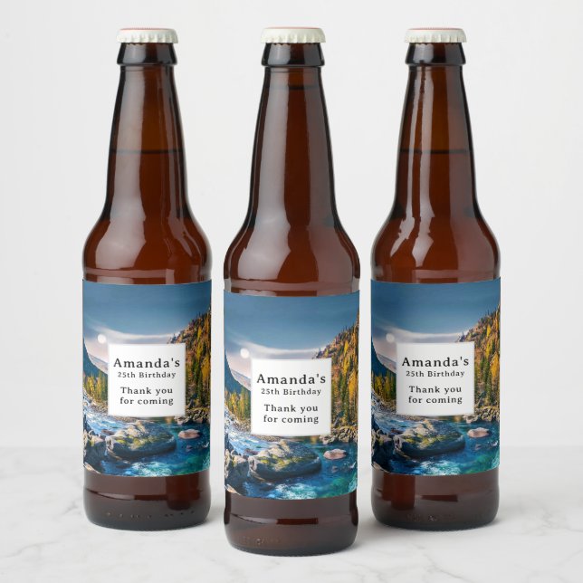 River and Mountains Scenic Photo Birthday Beer Bottle Label (Bottles)