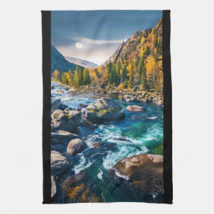 River and Mountains Scenic Photo Kitchen Towel