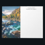 River and Mountains Scenic Photo Notepad<br><div class="desc">A notepad with a scenic photograph featuring tree covered mountains in autumn colours. A vibrant river flows around a multitude of rocks. A large white full moon hovers above.</div>