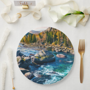 River and Mountains Scenic Photo Paper Plate