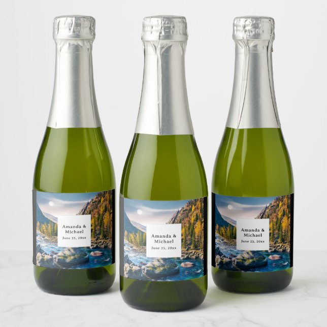 River and Mountains Scenic Photo Wedding Sparkling Wine Label (Bottles)
