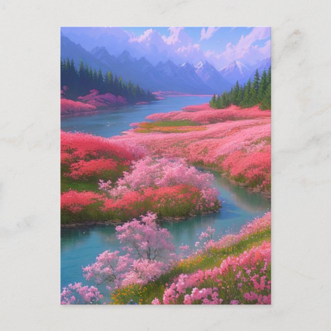 River and Pink Flowers in a Mountainous Valley Postcard (Front)