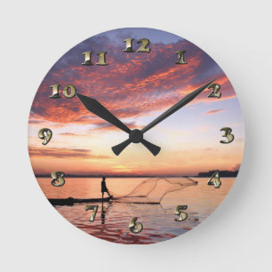 River Boat Fisherman Scene Round Clock