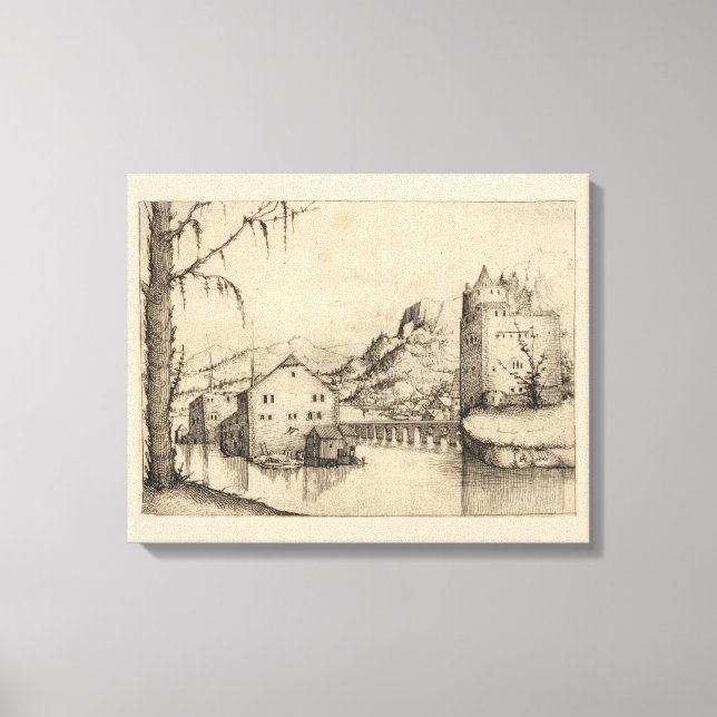River & Buildings - 16th Century German Ink Print (Front)