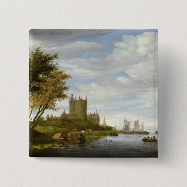 River Estuary with a castle 2 Inch Square Button (Front)