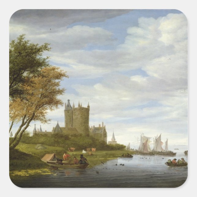 River Estuary with a castle Square Sticker (Front)