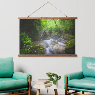 River flowing through enchanted green forest hanging tapestry