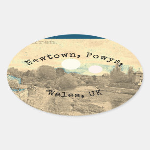 River in Newtown, Powys, Wales with Both Suns Oval Sticker