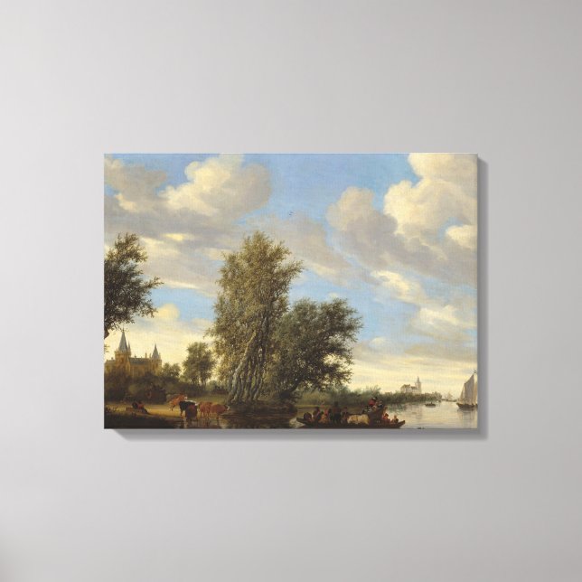 River Landscape with Ferry, 1649 (oil on canvas) Canvas Print (Front)