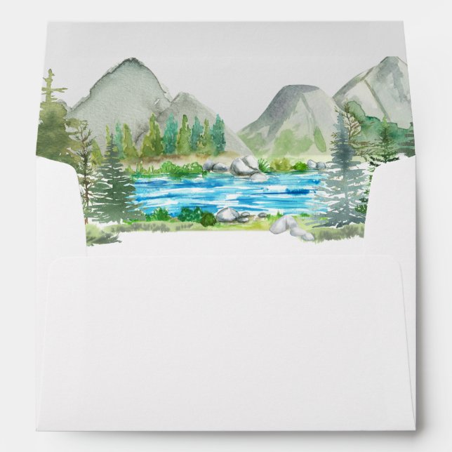 River Mountain Forest Watercolor Wedding Envelope (Back (Bottom))