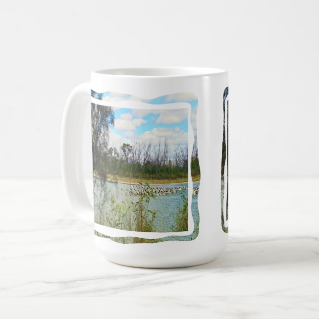 River Murray Australia Large Pelicans Flock, Coffee Mug (Front Left)