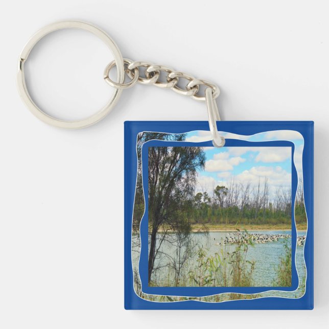 River Murray Australia Large Pelicans Flock, Keychain (Front)