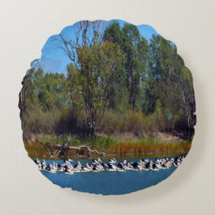 "River Murray's Fishermen: A Pelican Gathering" Round Pillow
