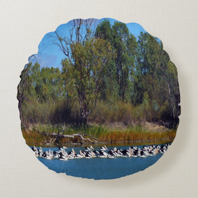"River Murray's Fishermen: A Pelican Gathering" Round Pillow (Front)