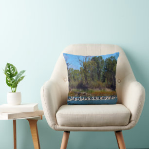 "River Murray's Fishermen: A Pelican Gathering" Throw Pillow