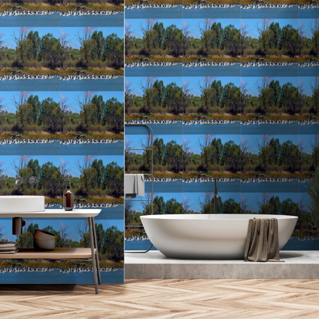 "River Murray's Fishermen: A Pelican Gathering" Wallpaper (Bathroom)