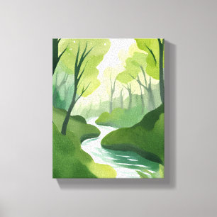 River of Green Forest Watercolor Painting Canvas Print